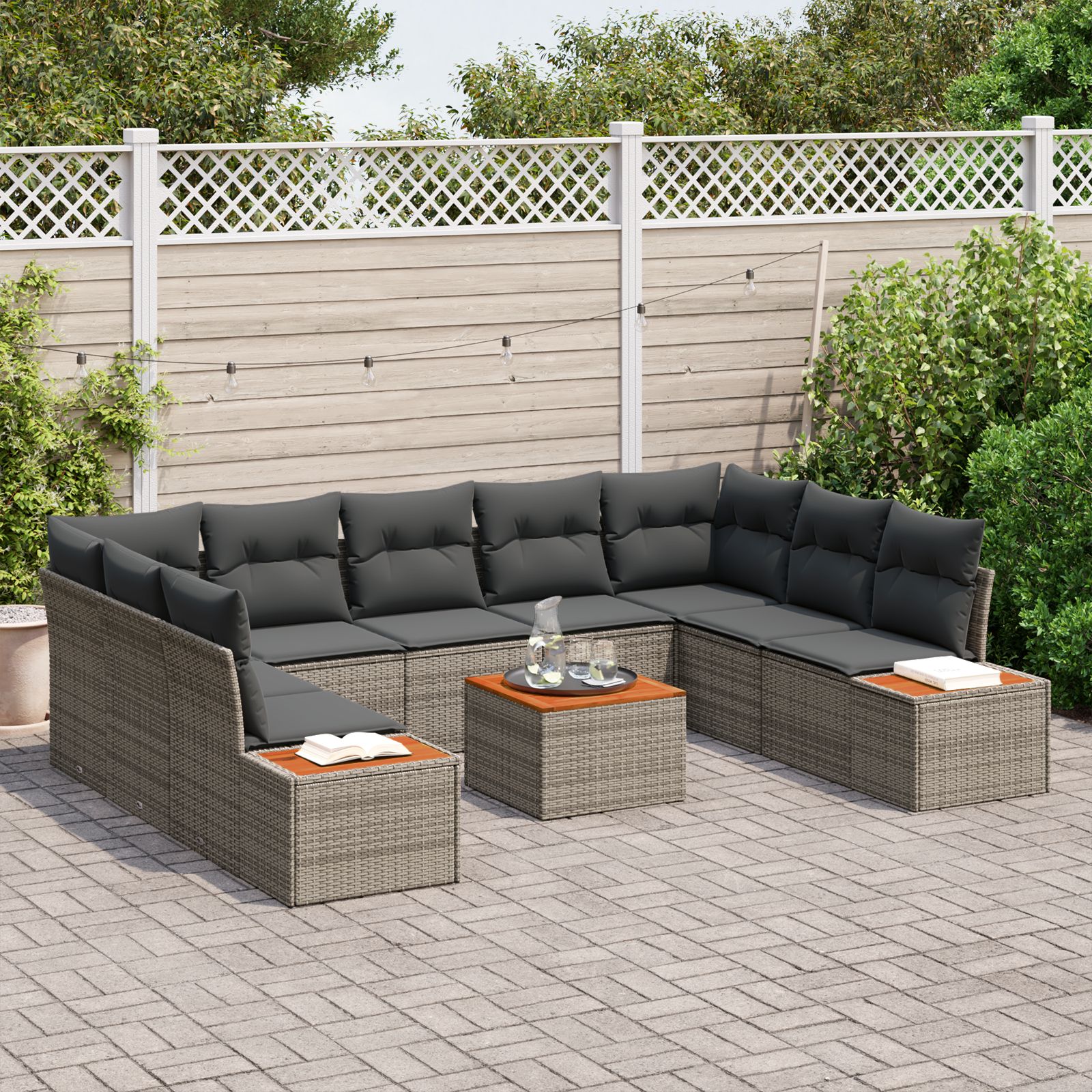 Set Divano da Giardino da 6 Pezzi con Cuscini Grigio Polyrattan Acacia