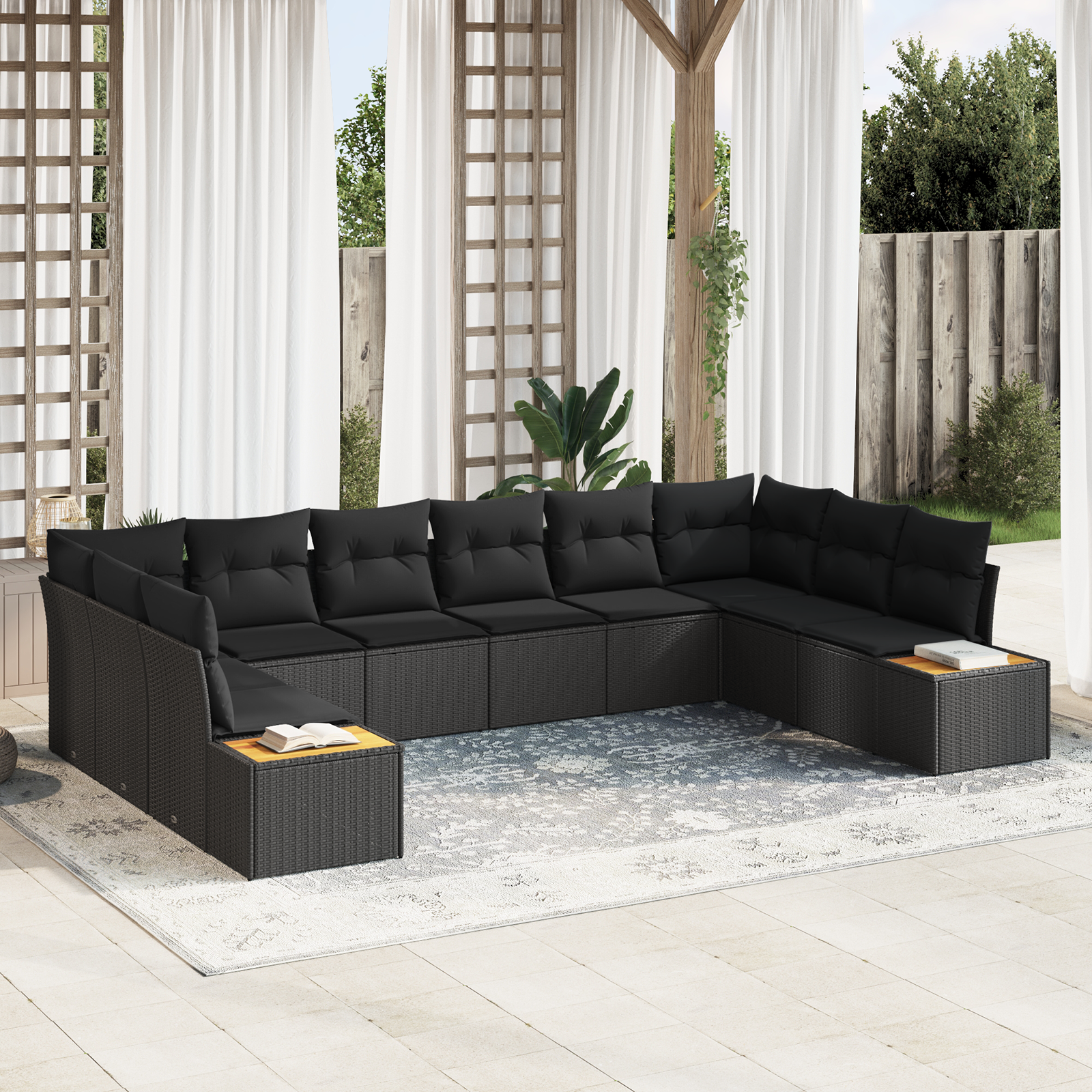 Set di divani da giardino  10 pezzi con cuscini in Nero Polyrattan Acacia