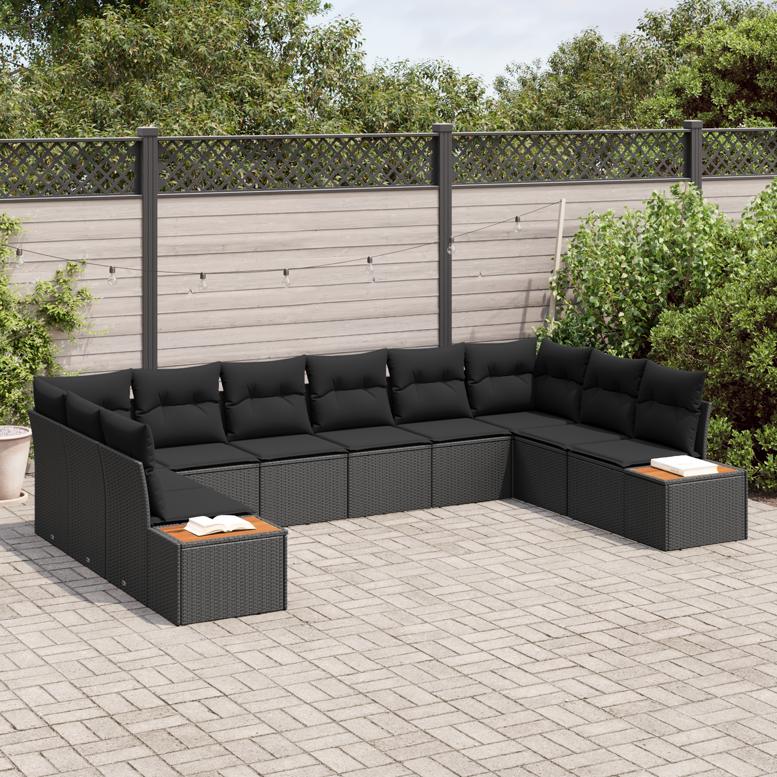 Set di divani da giardino  10 pezzi con cuscini in Nero Polyrattan Acacia