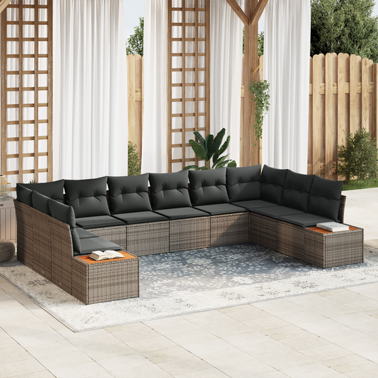 Set di Divani da Giardino  10 Pezzi con Cuscini Grigio Rattan Poly Acacia