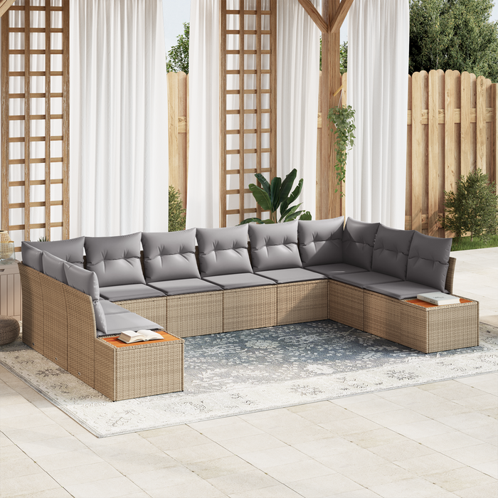 Set da Giardino  a 10 Pezzi con Cuscini Beige Polirattan Acacia