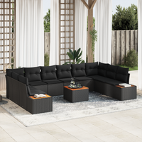 Set di Divani da Giardino  11 Pezzi con Cuscini Nero in Polyrattan e Acacia