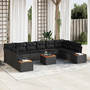 Set di Divani da Giardino  11 Pezzi con Cuscini Nero in Polyrattan e Acacia