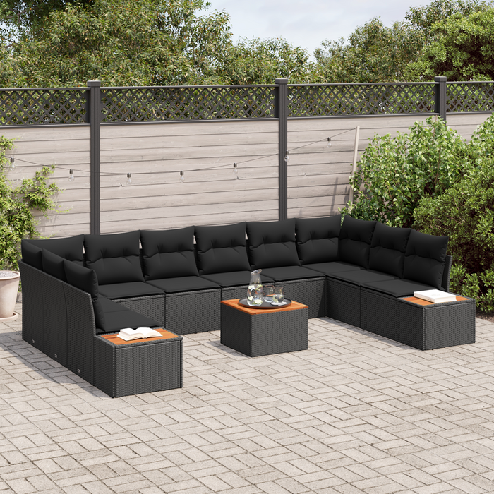 Set di Divani da Giardino  11 Pezzi con Cuscini Nero in Polyrattan e Acacia