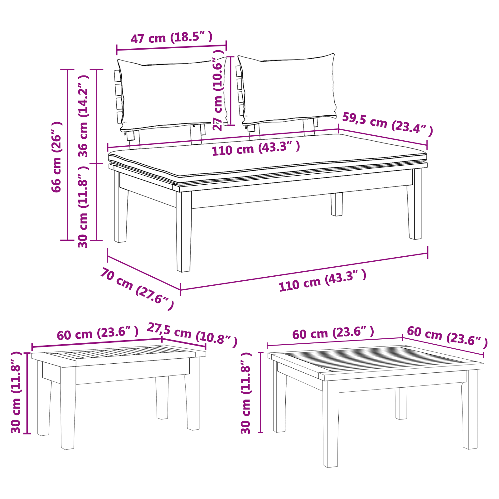 Set Panchina da Giardino  da 5 Pezzi con Cuscini in Legno Massiccio Teak