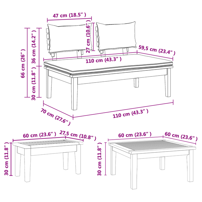 Set Panchina da Giardino  da 5 Pezzi con Cuscini in Legno Massiccio Teak