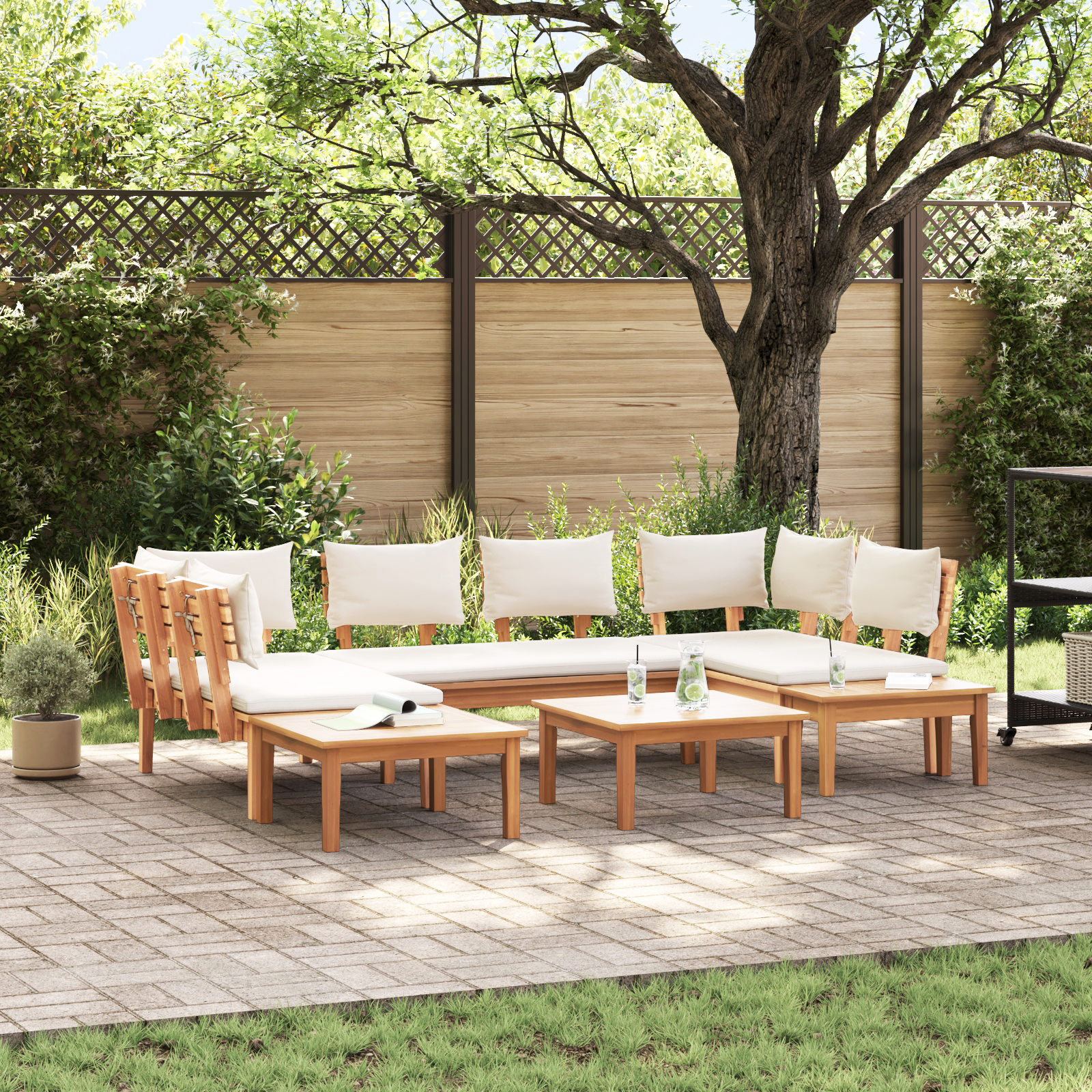 Set Panchina da Giardino  in 4 Pezzi con Cuscini in Legno Teak