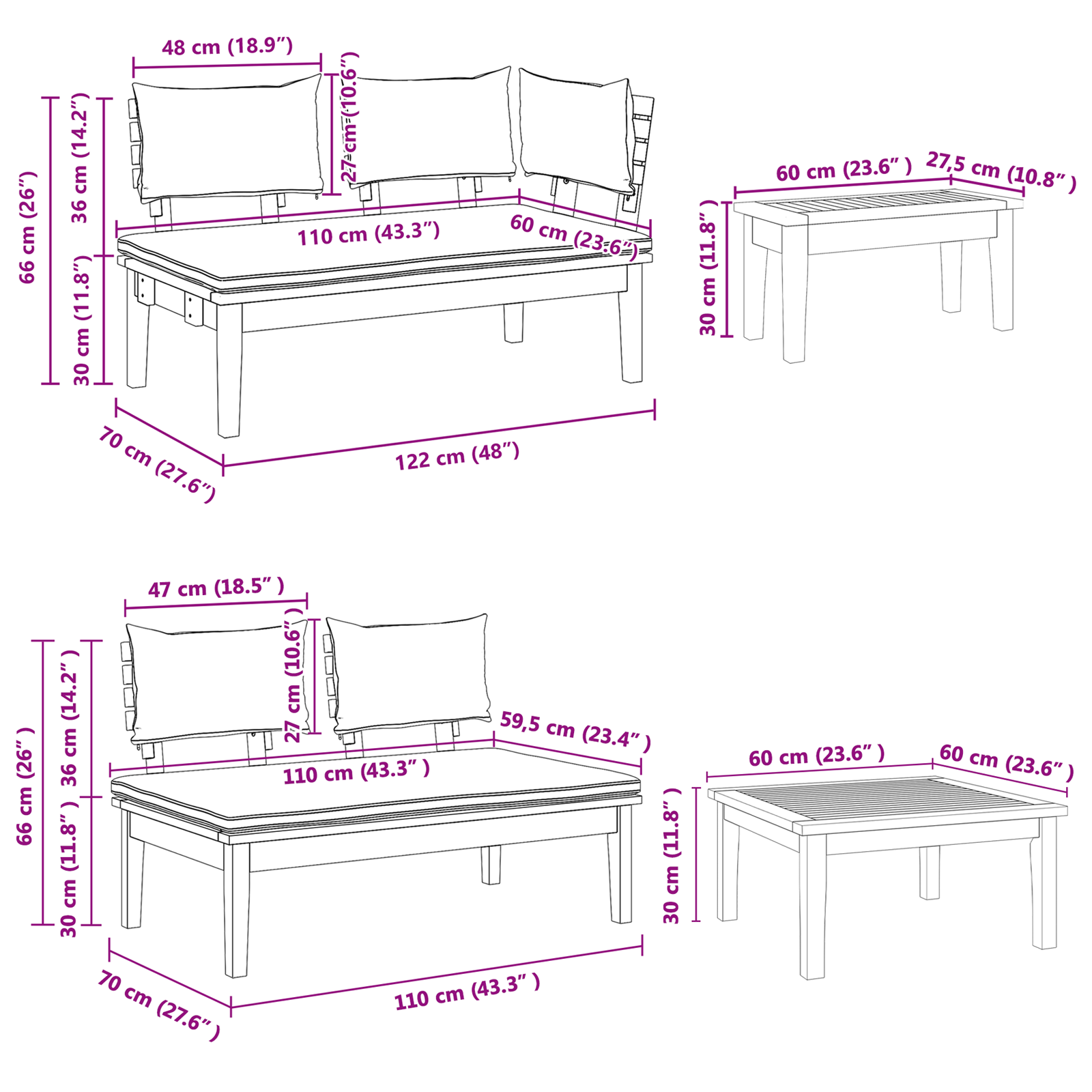 Set Panca da Giardino in 4 Pezzi con Cuscini in Legno Massello di Teak