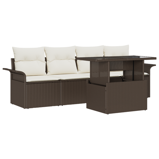 Set di divani da giardino 5 pezzi con cuscini in polyrattan marrone