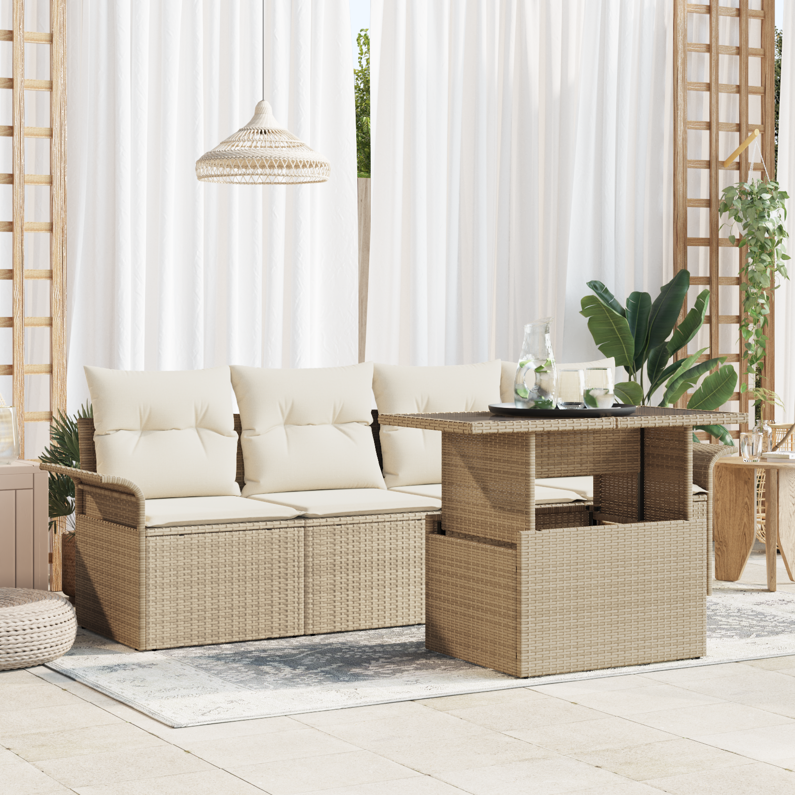 Set di SofÃ  da Giardino a 5 Pezzi con Cuscini in Rattan Poliestere Beige