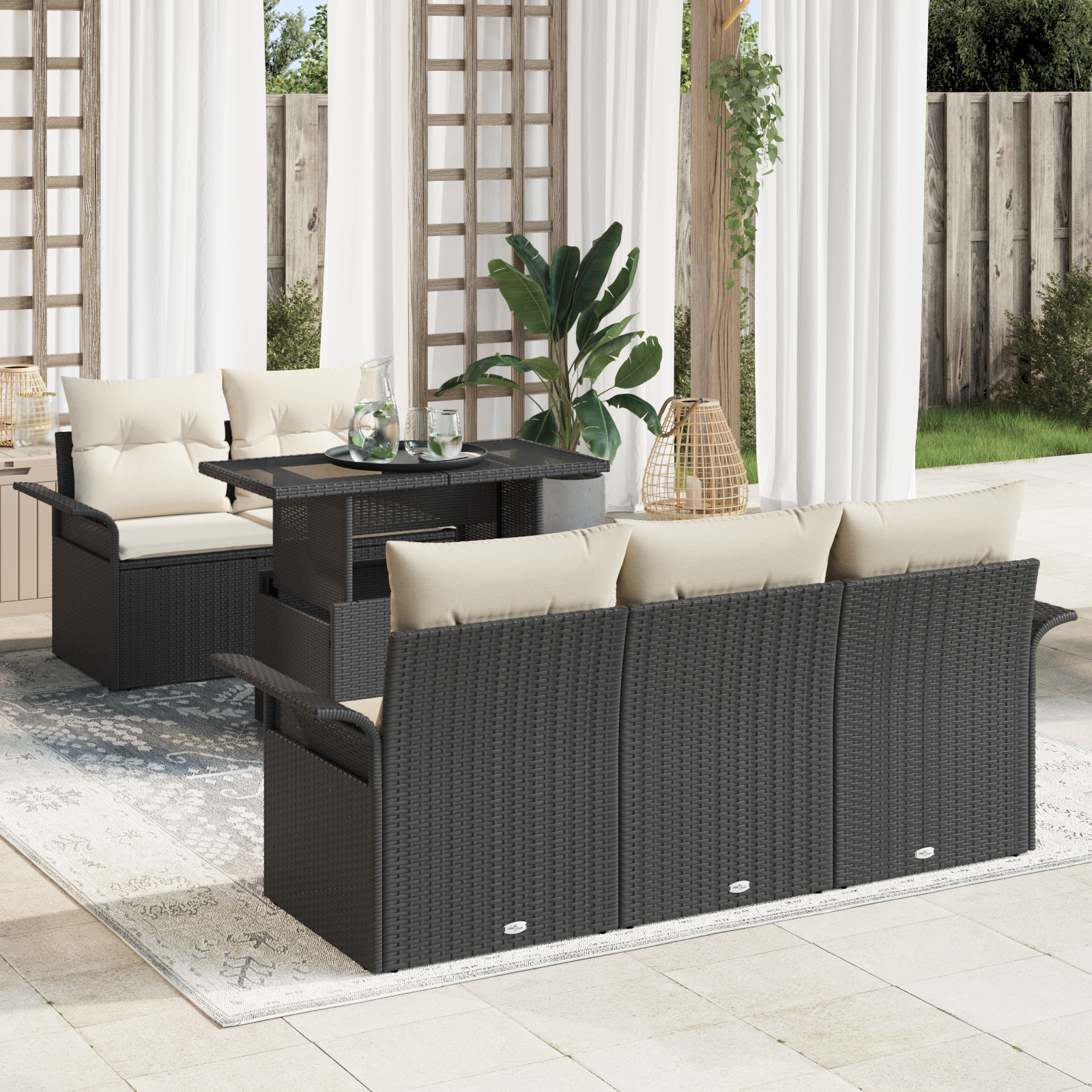 Set di divani da giardino 6 pezzi con cuscini in rattan nero poli