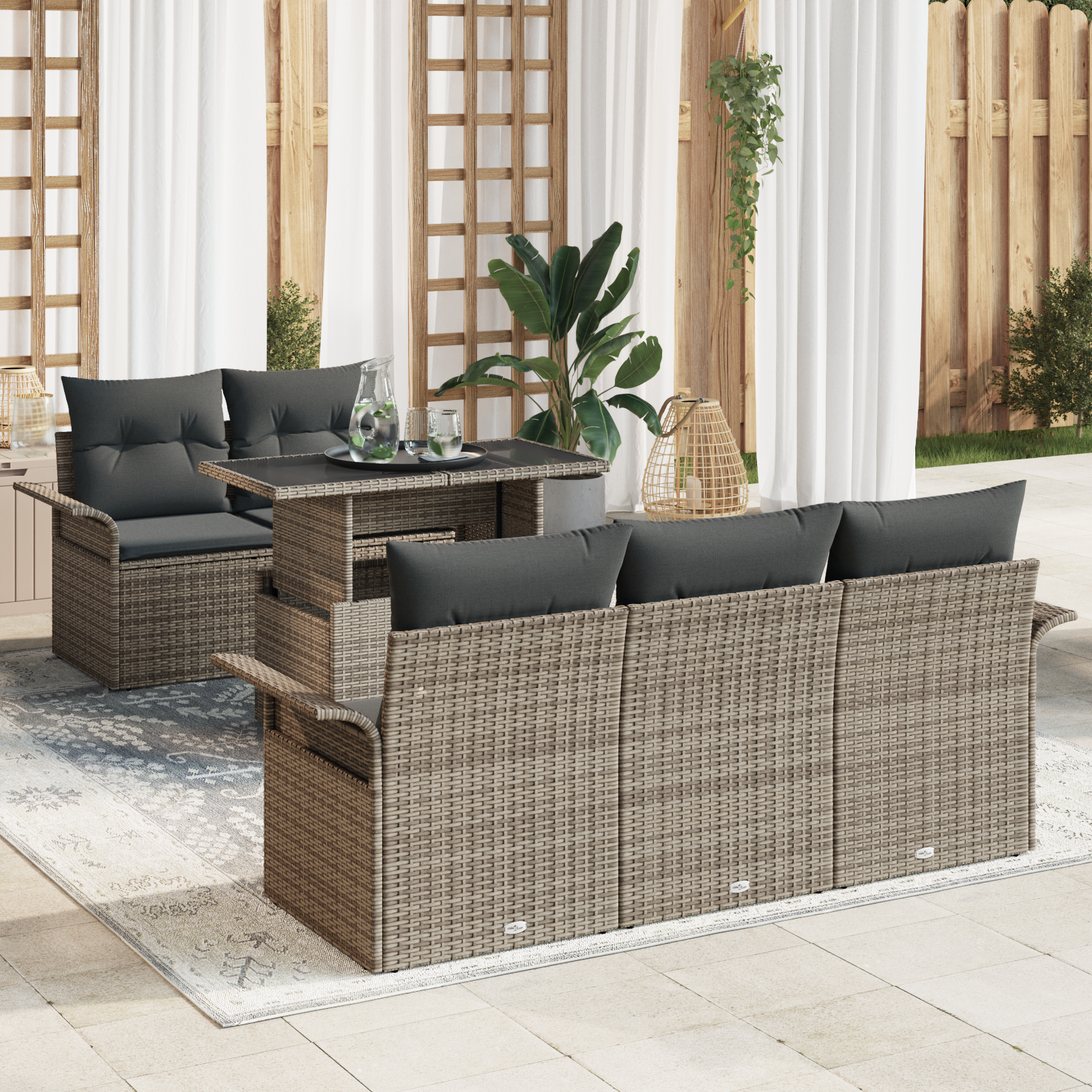 Set di Sofà da Giardino a 6 Pezzi con Cuscini Grigi in Polyrattan