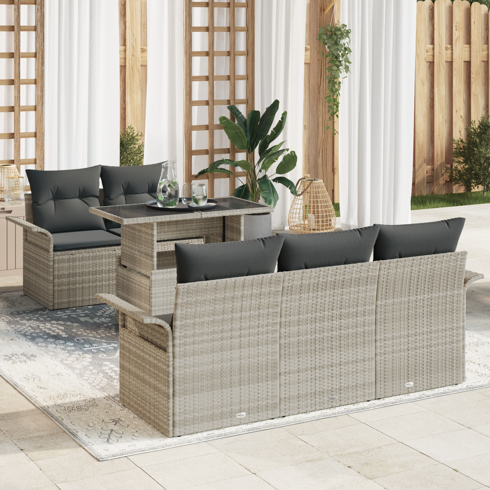 Set di Sofà da Giardino  6 Pezzi con Cuscini Grigio Chiaro Polyrattan