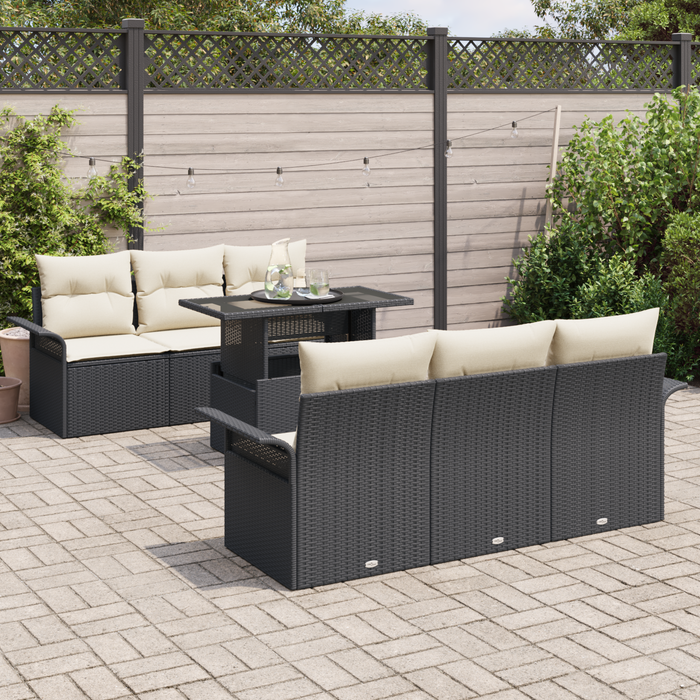 Set da giardino 7 pezzi  con cuscini in rattan polio nero