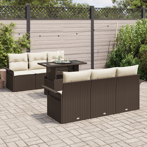 Set di Divani da Giardino  da 7 Pezzi con Cuscini Marrone Rattan Plastico