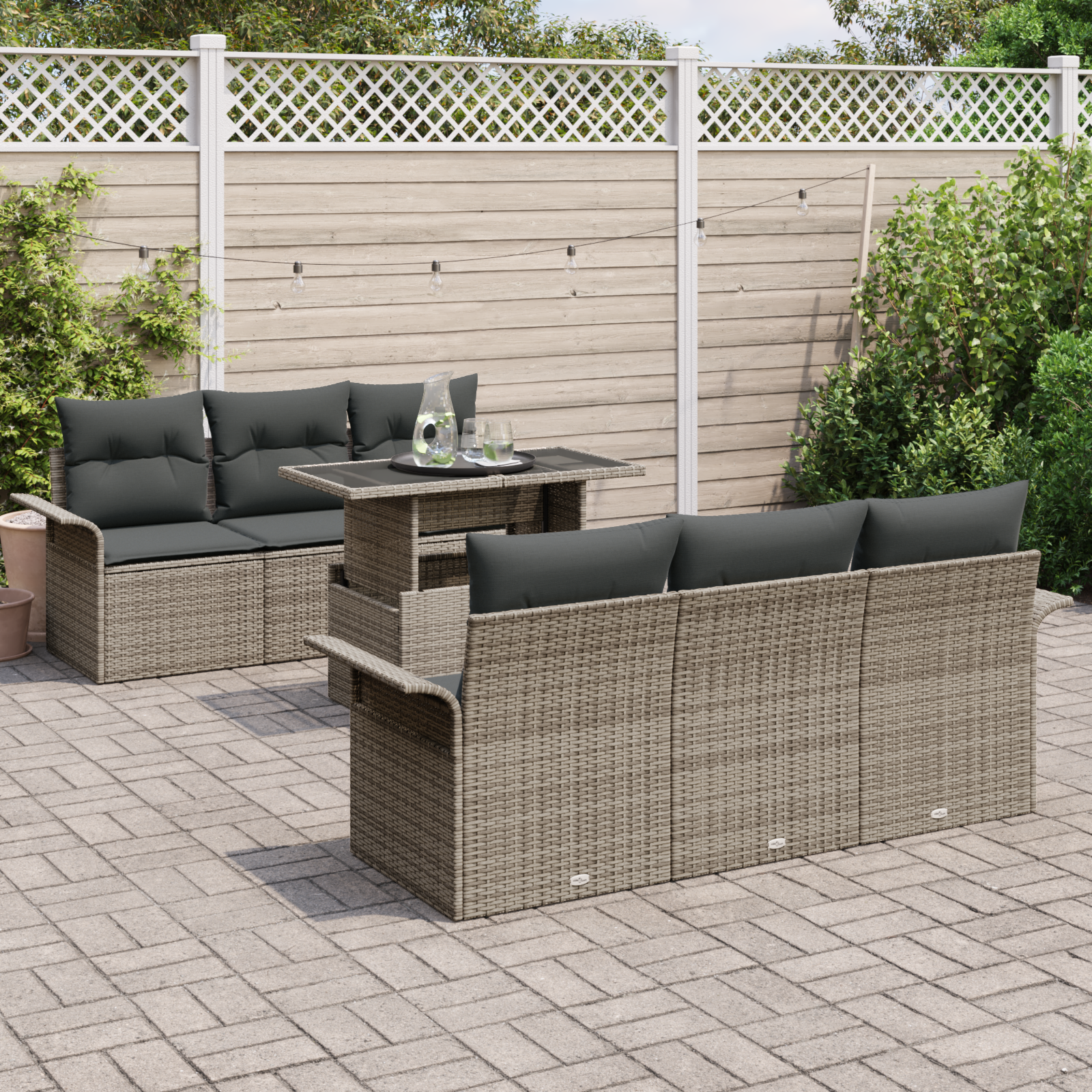 Set di divani da giardino  7 pezzi con cuscini grigi in rattan poly
