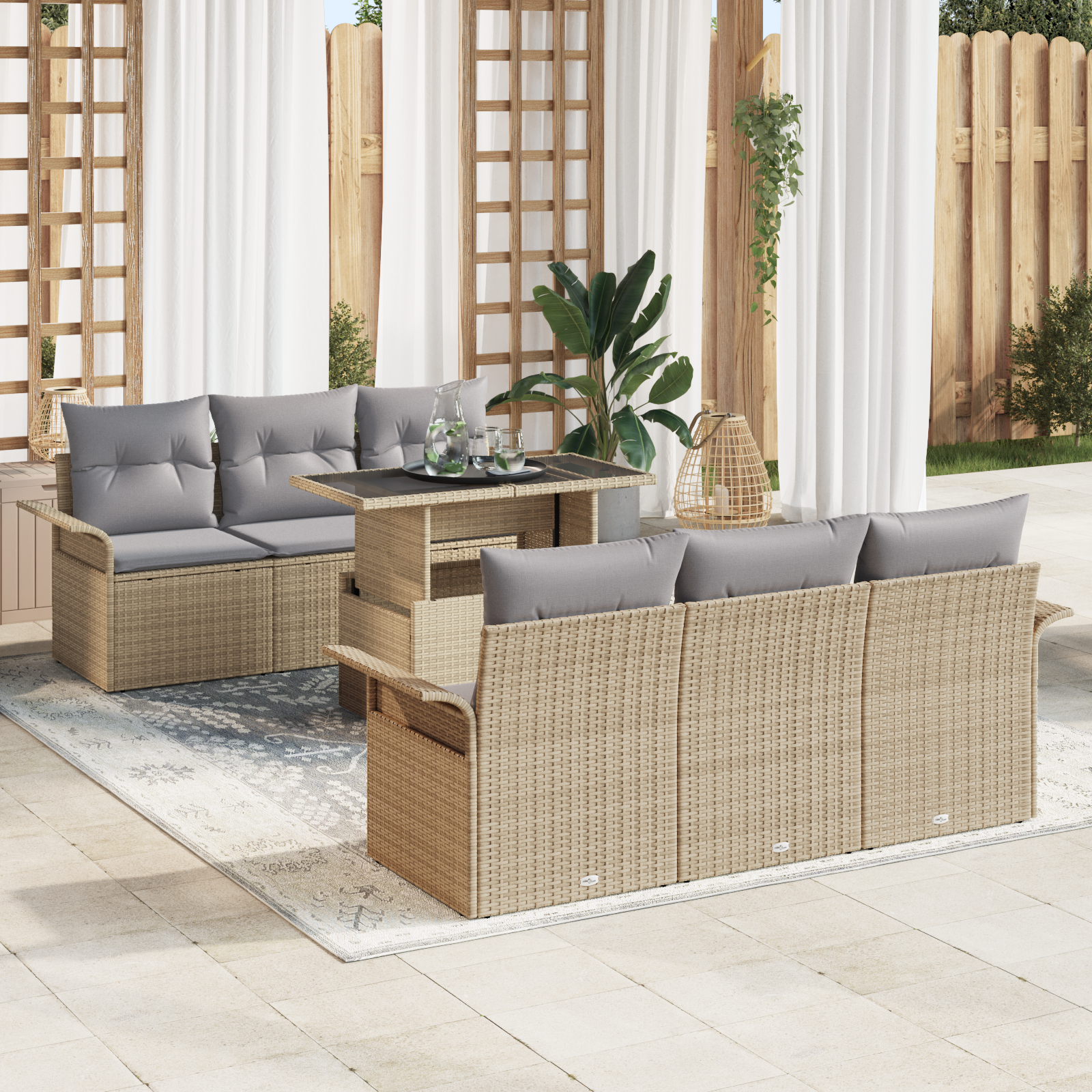Set Divano da Giardino 7 Pezzi con Cuscini Beige Polirattan