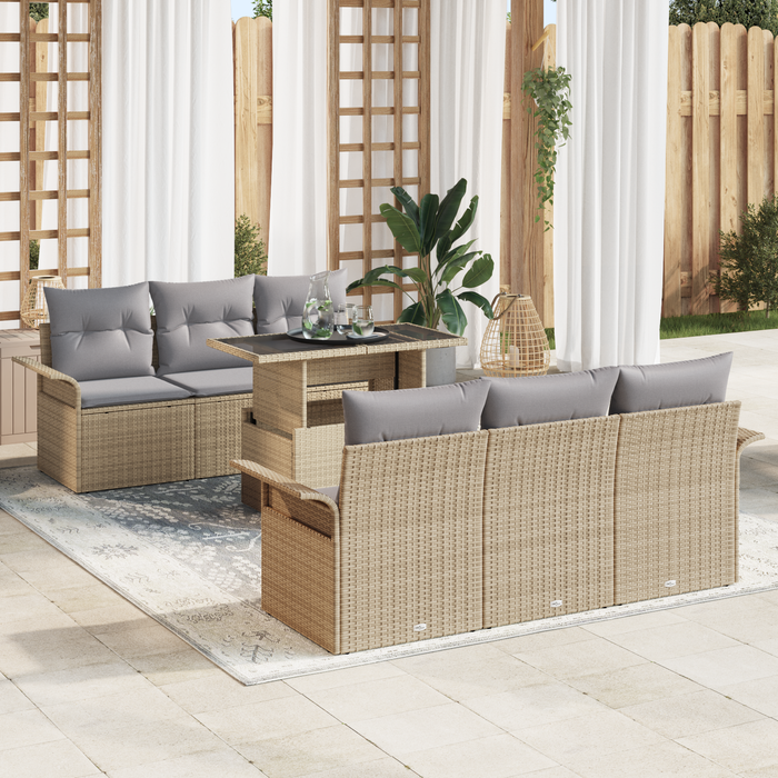 Set Divano da Giardino 7 Pezzi con Cuscini Beige Polirattan