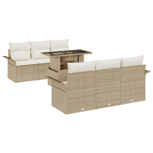 Set Divano Giardino 7 Pezzi con Cuscini Beige in Poly Rattan