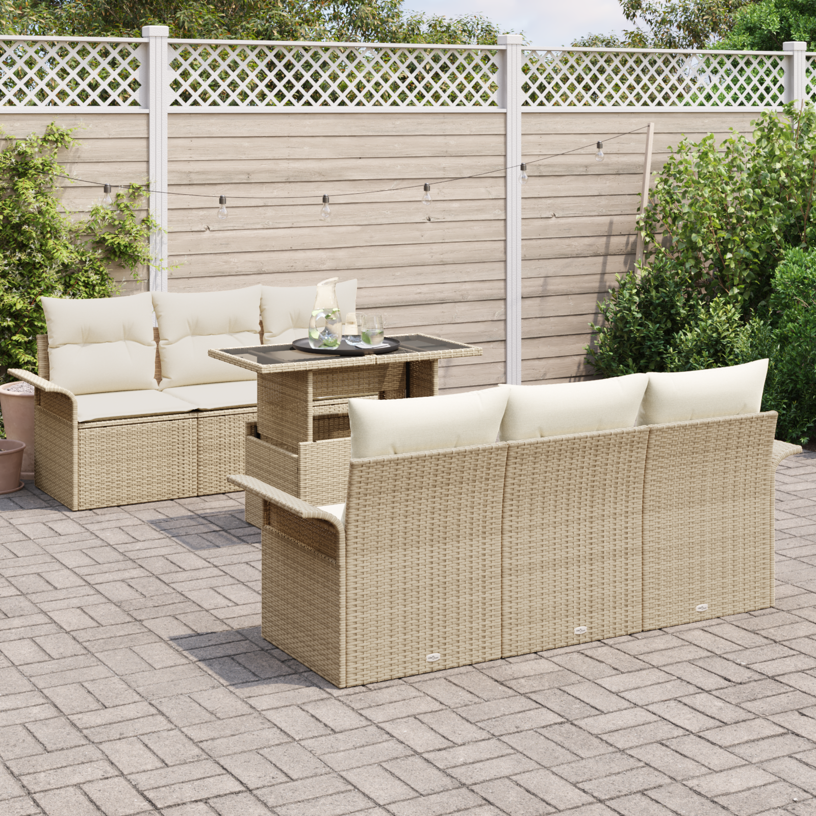 Set Divano Giardino 7 Pezzi con Cuscini Beige in Poly Rattan