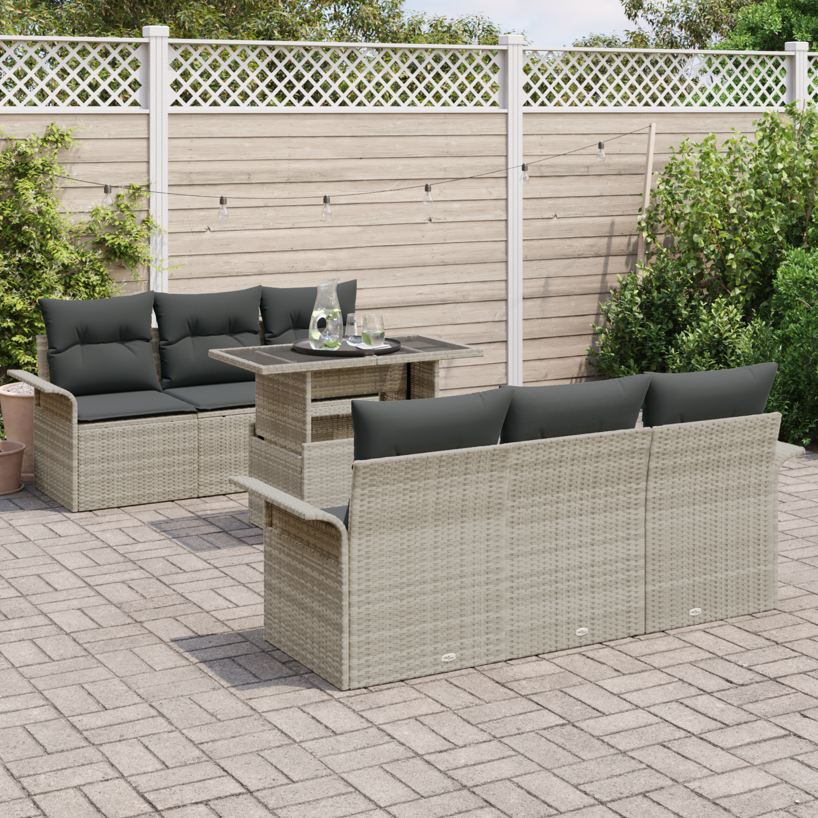 Set Divano Giardino  7 Pezzi con Cuscini Grigio Chiaro in Rattan PE