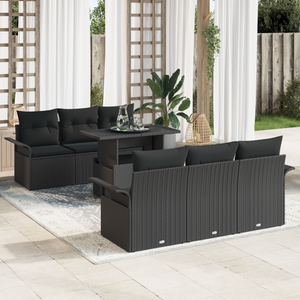 Set Divano da Giardino  7 Pezzi con Cuscini Nero Poly Rattan