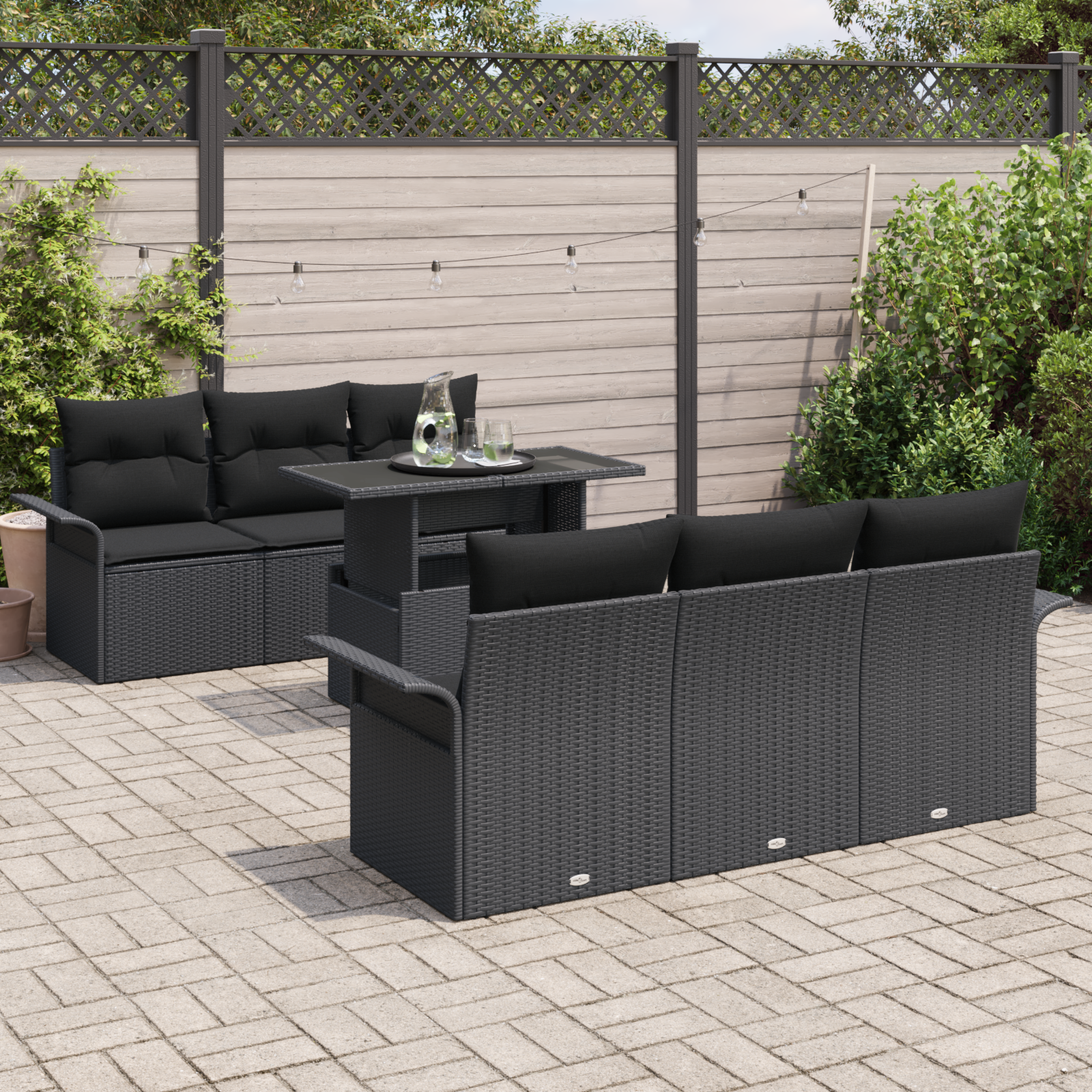 Set Divano da Giardino  7 Pezzi con Cuscini Nero Poly Rattan