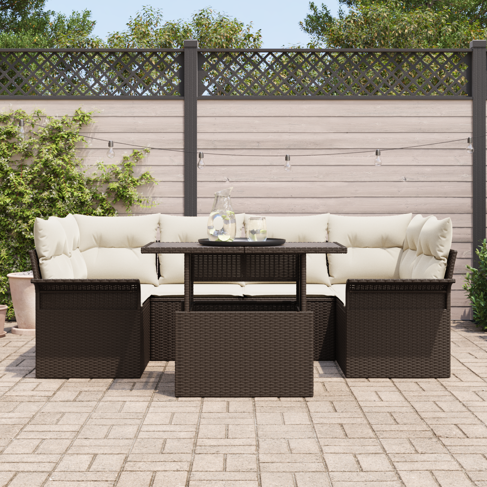 Set Divano Giardino da 7 pezzi con cuscini in Vimini Marrone Poly Rattan