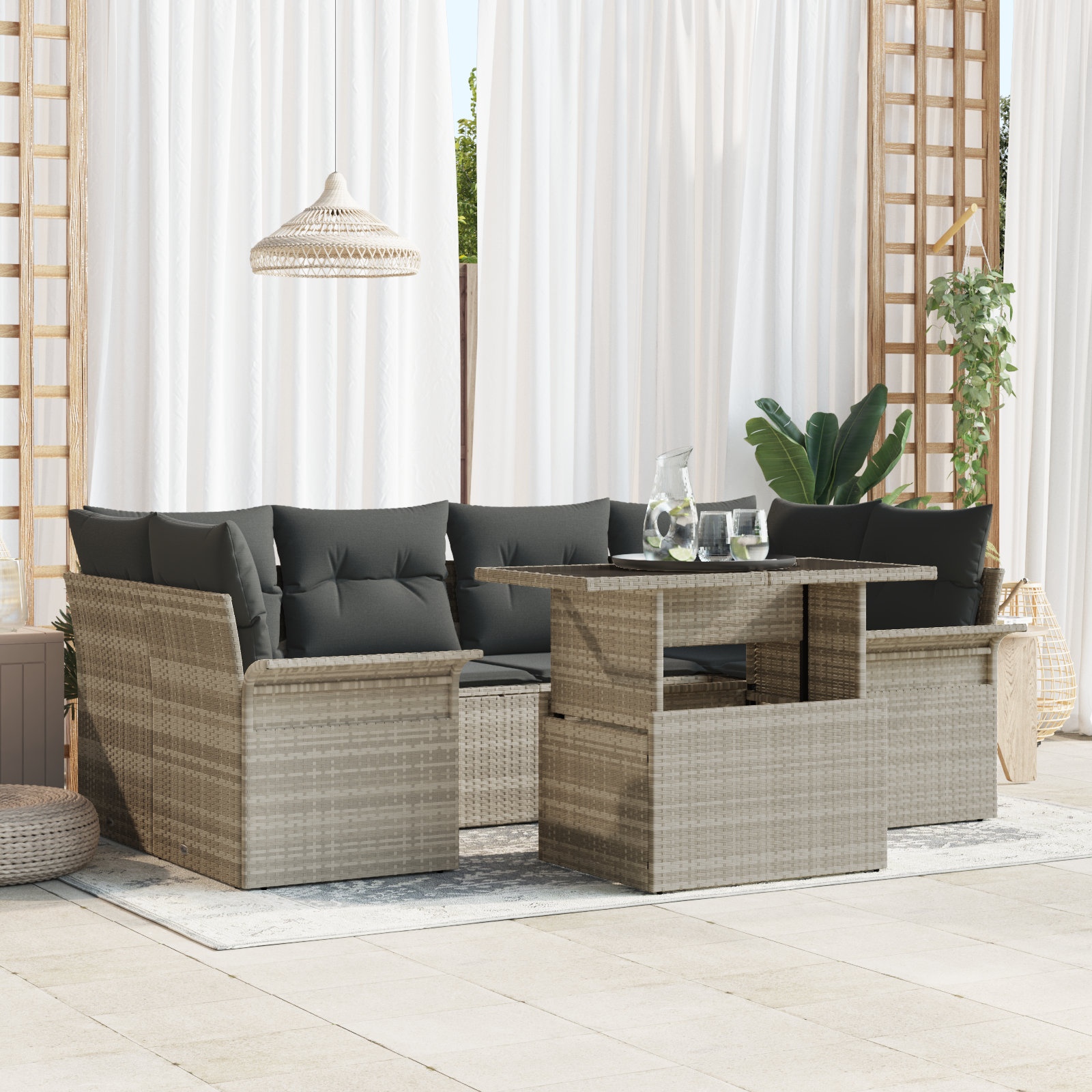Set Divano Giardino  7 Pezzi Cuscini Grigio Chiaro Rattan Poliestere