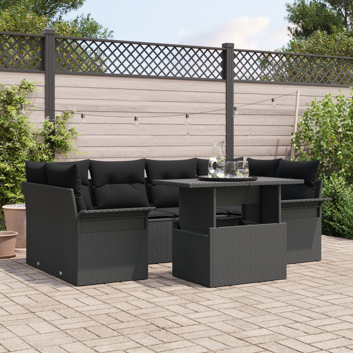 Set Divani Giardino  7 Pezzi con Cuscini Polyrattan Nero