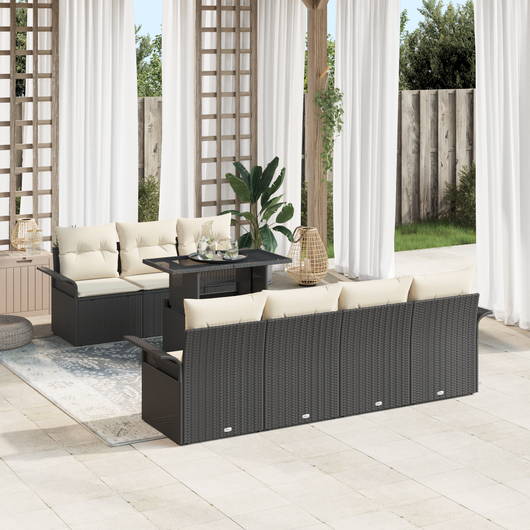 Set Divano da Giardino 8 Pezzi con Cuscini Rattan Nero Poly