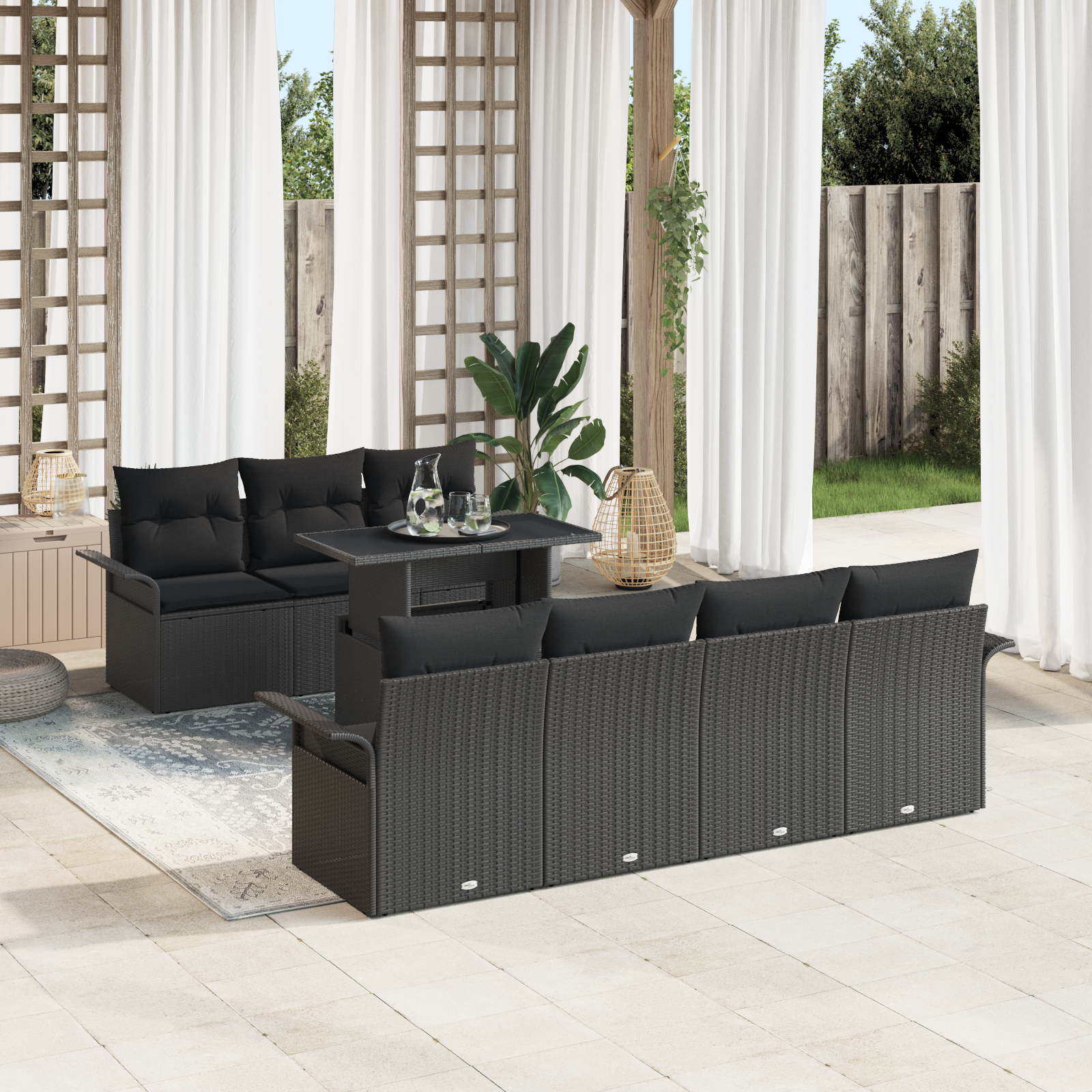 Set di Sofà da Giardino  8 Pezzi con Cuscini Nero Polyrattan