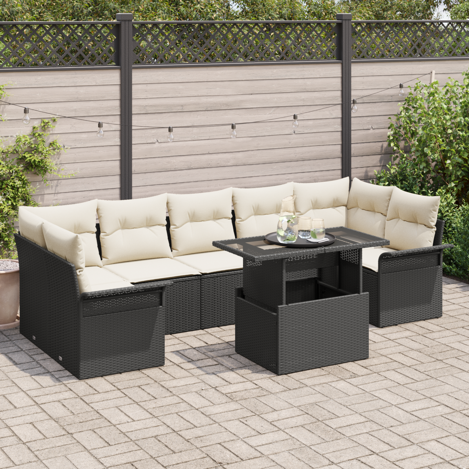 Set di divani da giardino da 8 pezzi con cuscini in rattan nero