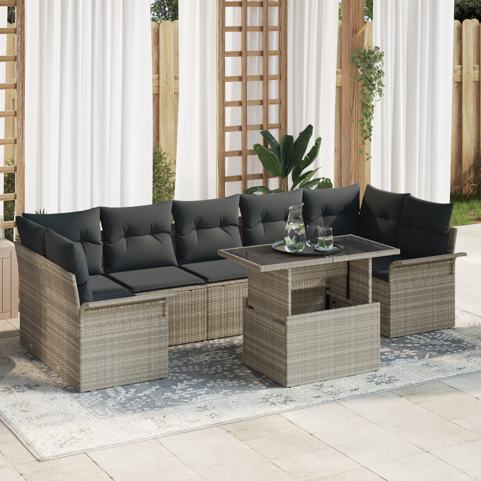 Set Divano da Giardino  8 Pezzi con Cuscini Grigio Chiaro Polyrattan
