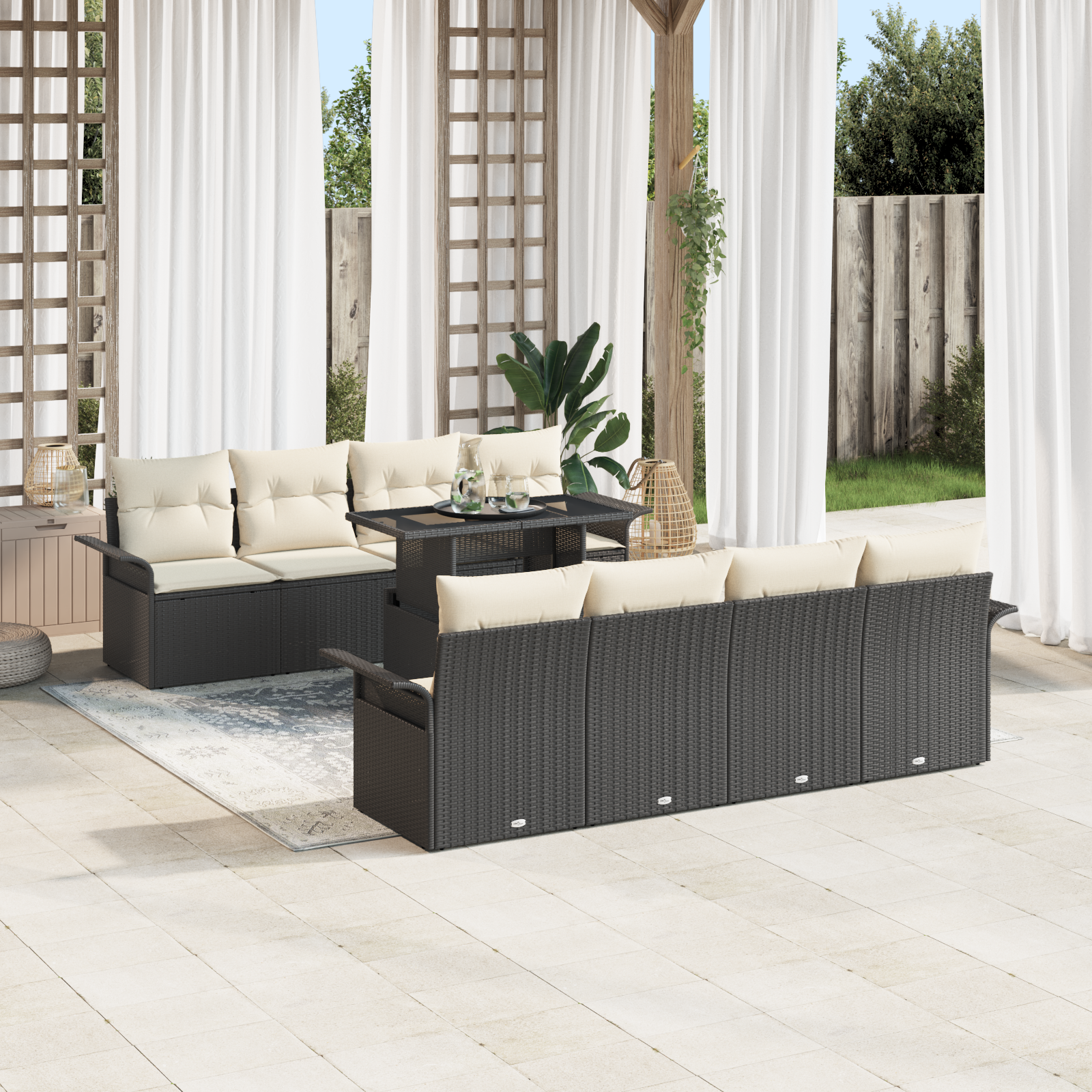 Set divano da giardino 9 pezzi con cuscini rattan polietilene nero