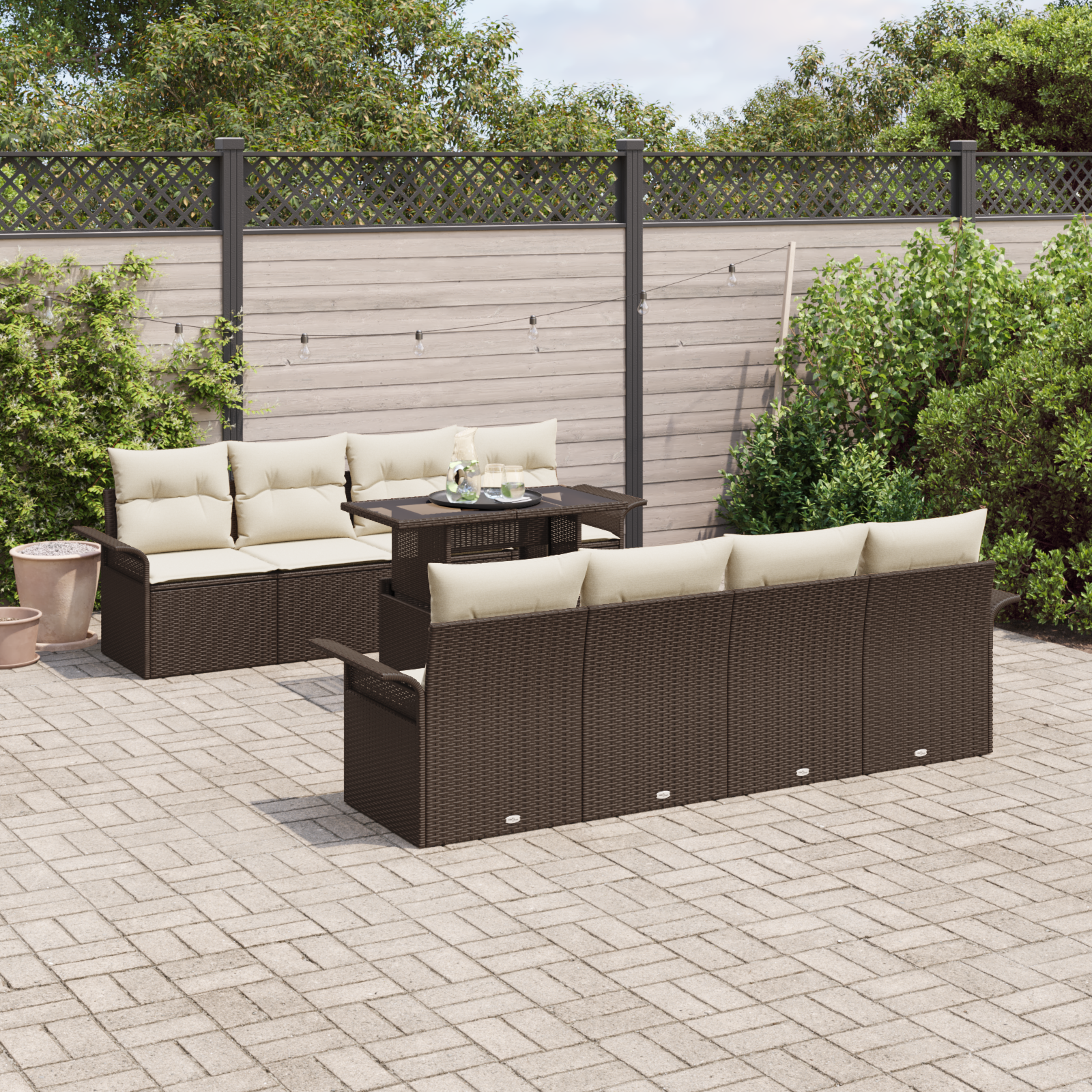 Set divani da giardino 9 pezzi con cuscini Marrone Rattan PE