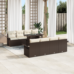 Set divani da giardino 9 pezzi con cuscini Marrone Rattan PE