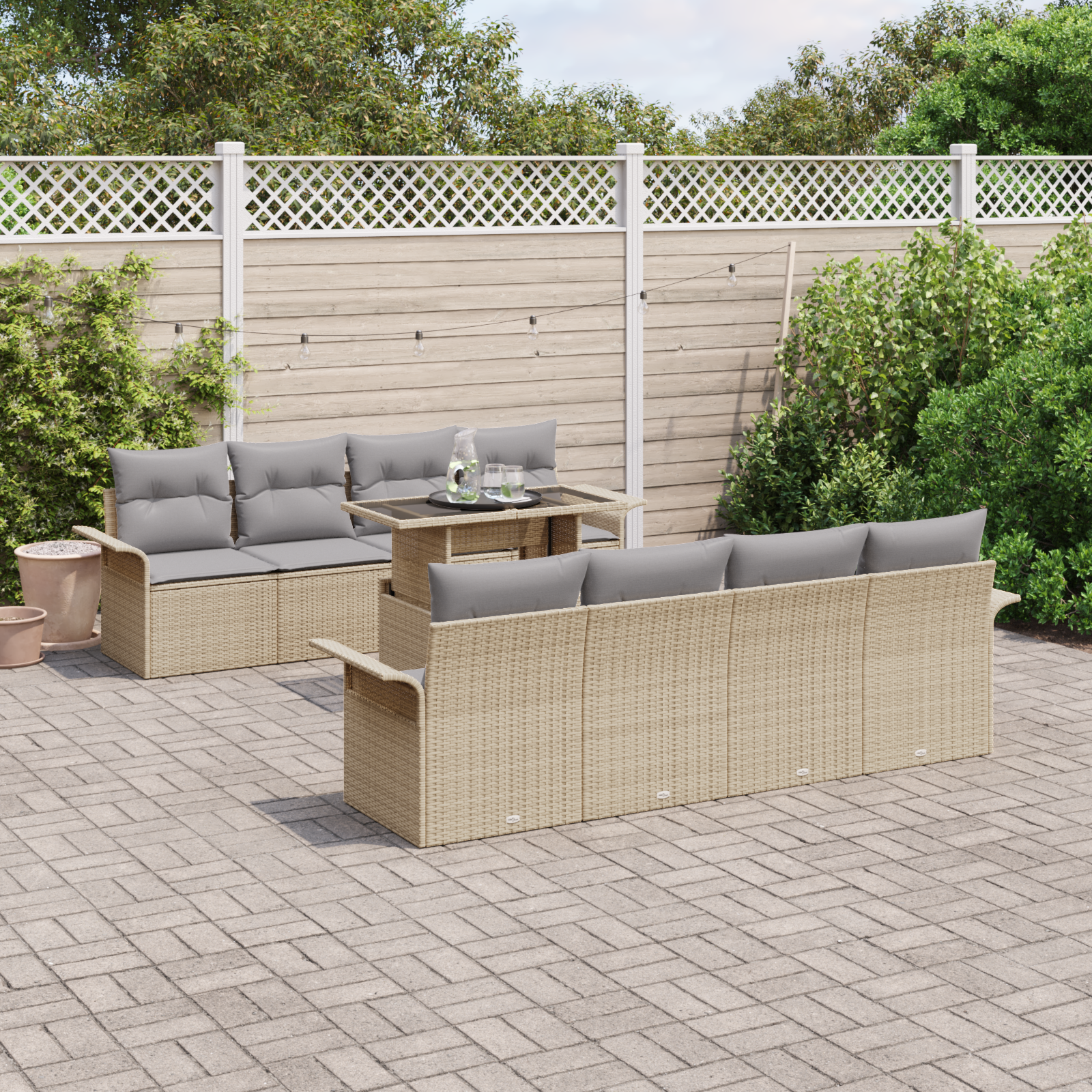 Set di Divani da Giardino  9 Pezzi con Cuscini Beige Rattan Poli