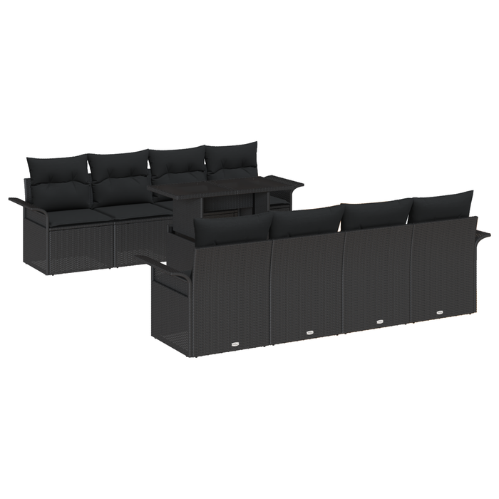 Set Divano da Giardino  9 Pezzi con Cuscini Nero Polyrattan
