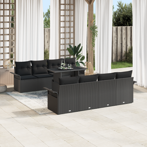 Set Divano da Giardino  9 Pezzi con Cuscini Nero Polyrattan