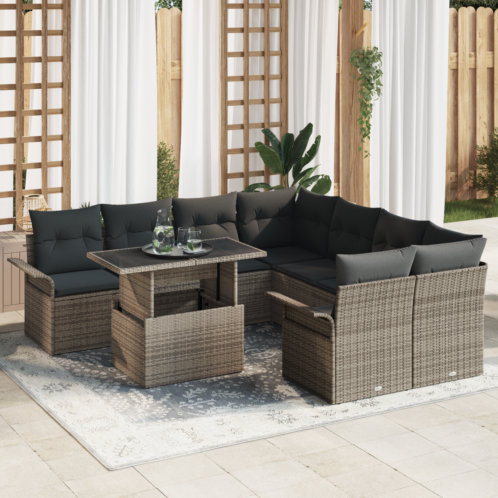Set da Giardino Modulari  da 9 Pezzi con Cuscini in Rattan Polietilene Grigio