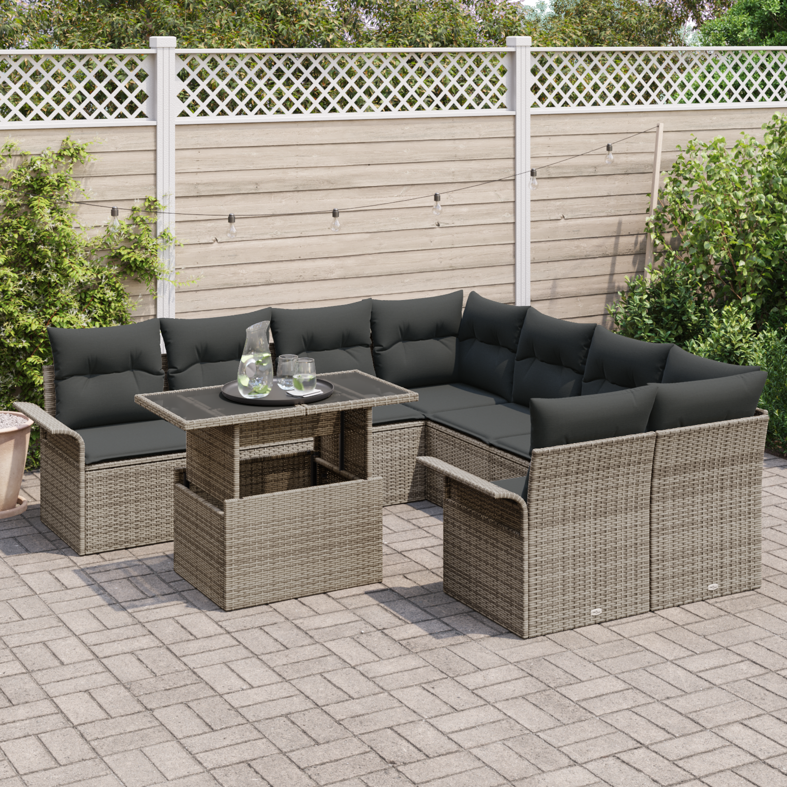 Set da Giardino Modulari  da 9 Pezzi con Cuscini in Rattan Polietilene Grigio