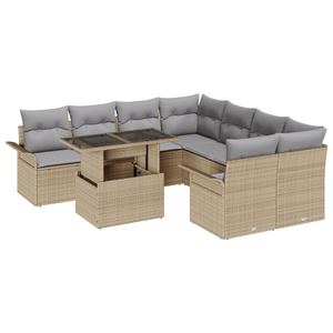 Set di Divano da Giardino 9 Pezzi con Cuscini Beige Rattan Poliestere