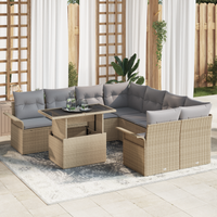 Set di Divano da Giardino 9 Pezzi con Cuscini Beige Rattan Poliestere