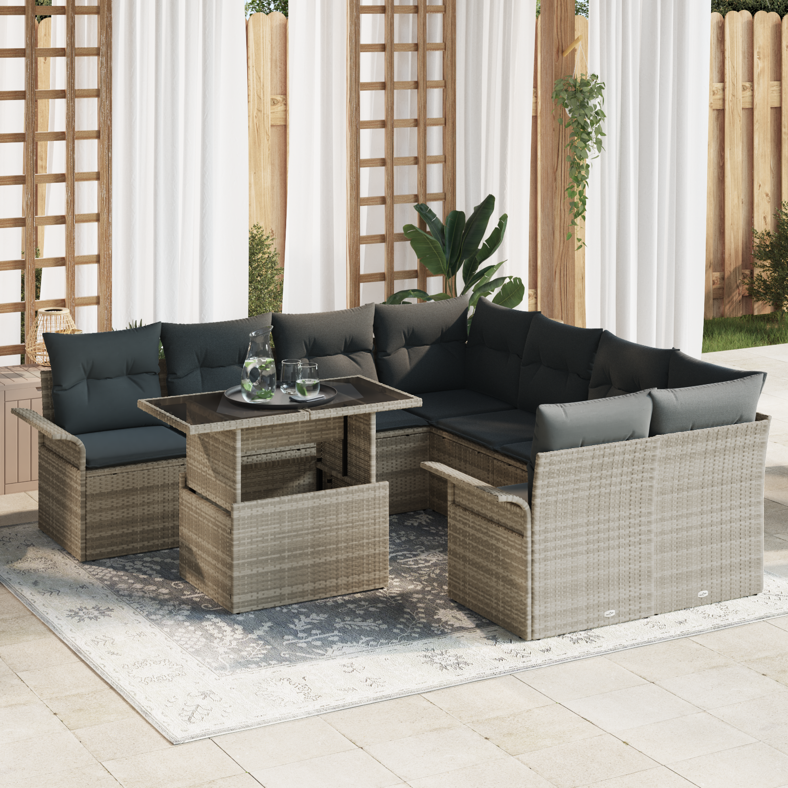 Set da Giardino 9 Pezzi con Cuscini Grigio Chiaro Polyrattan