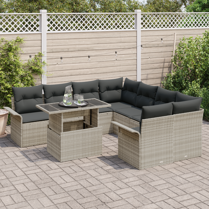 Set da Giardino 9 Pezzi con Cuscini Grigio Chiaro Polyrattan