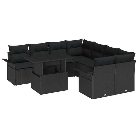 Set di Sofà da Giardino 9 Pezzi con Cuscini Nero Polyrattan