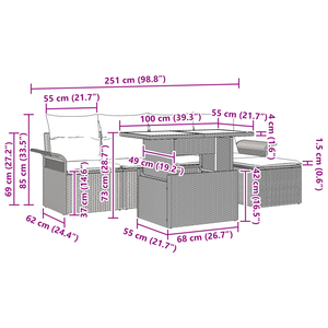 Set divano da giardino con cuscini marrone in polyrattan da 6 pezzi