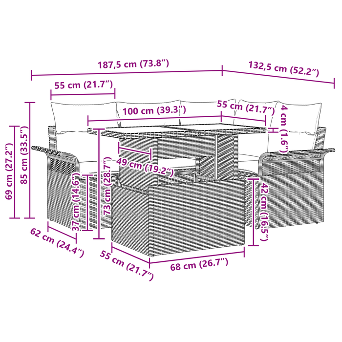 Set Divani da Giardino  (5 Pezzi) in Grigio Chiaro e Rattan