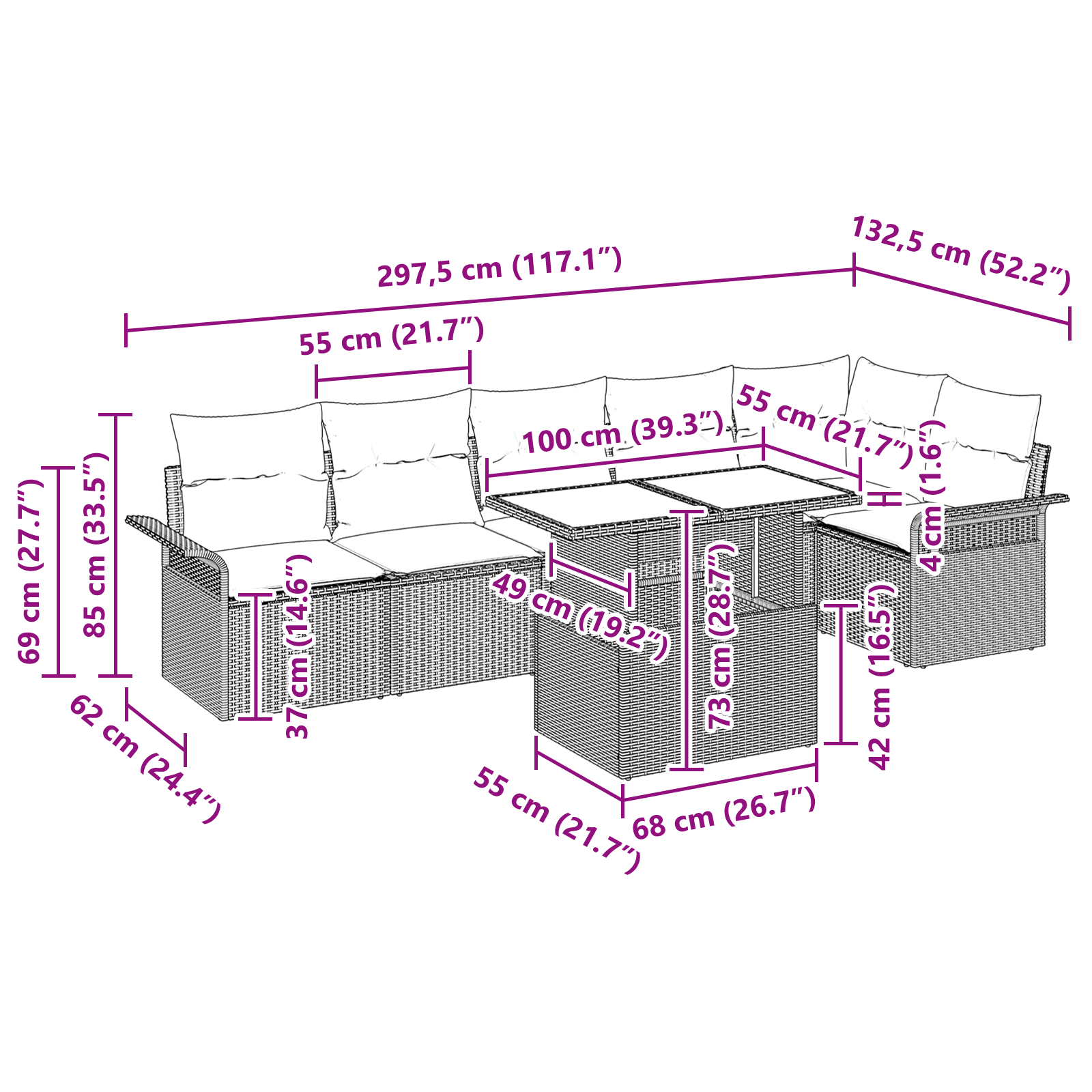 Set di Sofà da Giardino a 7 Pezzi con Cuscini Nero Rattan Policarbonato